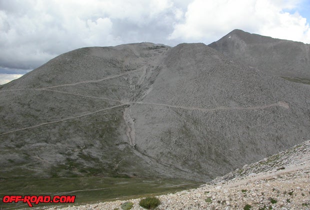 On Mt. Antero, the switchbacks grow nasty. Viewed from across the valley, you get a better idea of the hairy switchbacks up top.