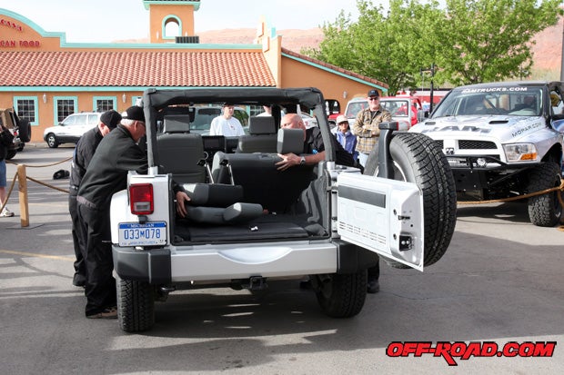 The Mopar team worked to remove the backseats on the four-door JK. 