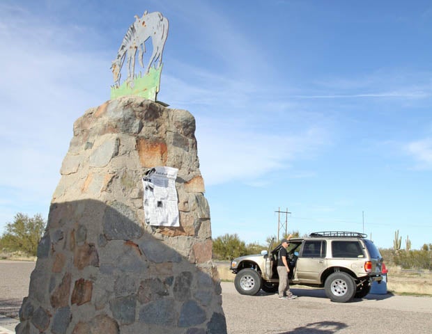 We left Tucson using Arizonas Highway 79 and headed towards Florence. The Tom Mix roadside memorial demanded we stop and take a look. Silent-film-era cowboy star Tom Mixs personal trail ended here in 1940 when Mixs 1937 Cord Phaeton careened out of control and rolled over. The monument shows Mixs wonder horse, named Tony, sans its rider. Shaded picnic tables offered a place to stop for lunch, but wed gotten a late start and were racing the short day.