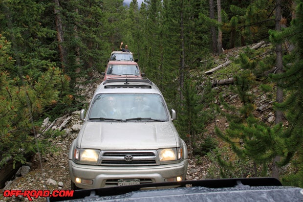 Many trails start below treeline, and full-size trucks will suffer bush-rash. The rest of the climb up Boulder Mt. Trail grew narrower until reaching treeline yet again.