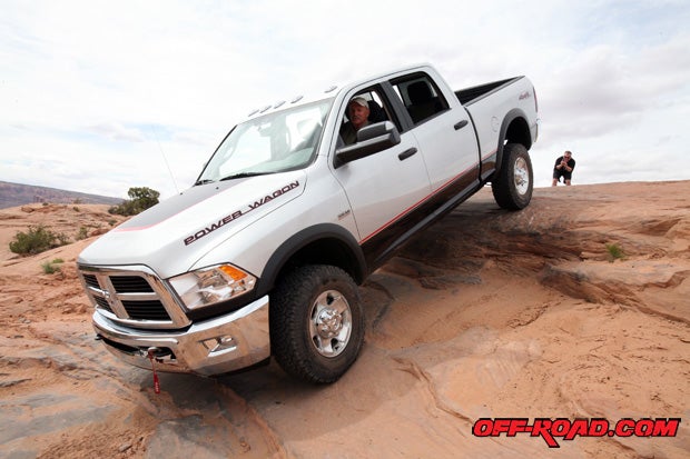 Dropping off of rock ledges required a little more careful planning, but the Power Wagon performed quite well in Jeep country at Moab. 